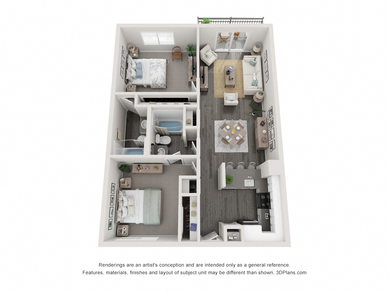 Floor plan for 2 beds, 2 baths, 848 sqft